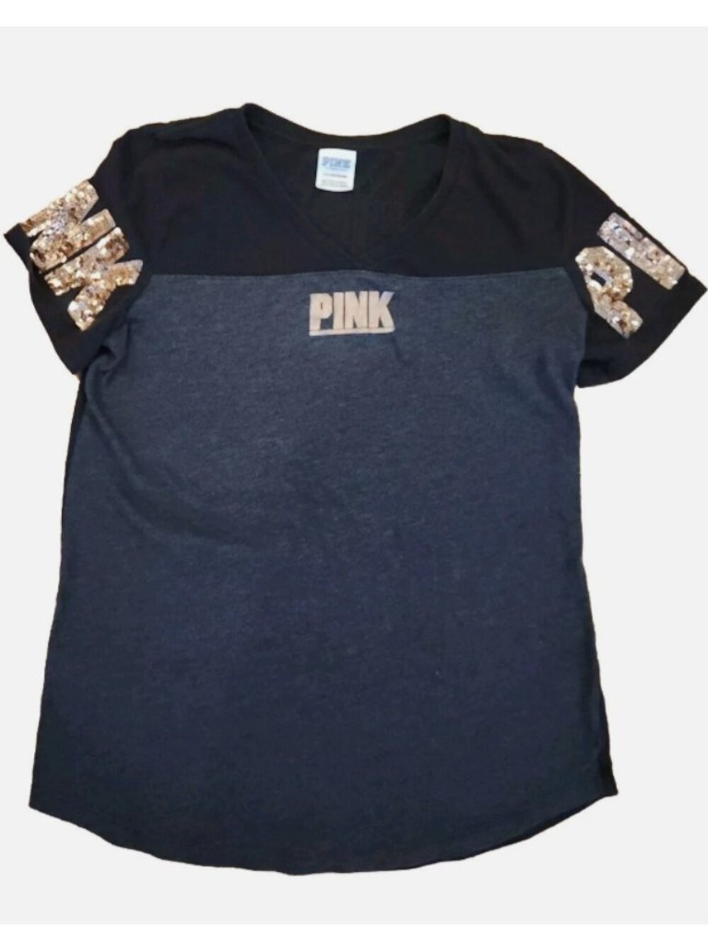 Victoria's Secret Pink Women's Top Tee Size Small Black Sequin Spellout Logo